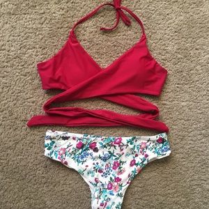 RESERVED Bikini, raspberry top w/ floral bottoms